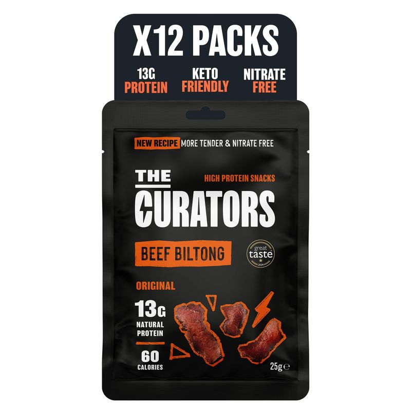 The Curators, Original Beef Biltong (12 X 25g pack), Nitrate Free, High Protein, Zero Carb, Low Calorie, Gluten Free, Prime Cuts of British &amp; Irish Grass Fed Beef, Keto &amp; GLP Friendly Savoury Snack