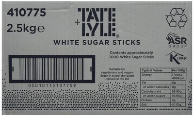 Tate & Lyle - White Sugar Sticks - Pure Cane Sugar - Individually Wrapped for Hygiene - Hot Drinks, Meetings & Coffee Shops - Convenient - 1000 x 2.5g Tate & Lyle - White Sugar Sticks - Pure Cane Sugar - Individually Wrapped for Hygiene - Hot Drinks, Meetings & Coffee Shops - Convenient - 1000 x 2.5g