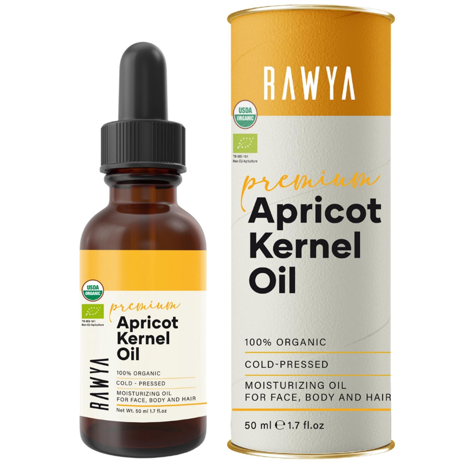 Rawya Organic Apricot Kernel Oil - Cold-Pressed Moisturizing Oil for Face, Body &amp; Hair, Non-GMO, Vegan, Kosher, Ideal for Skincare &amp; Aromatherapy, Carrier for Essential Oils, Glass Bottle - 50ml