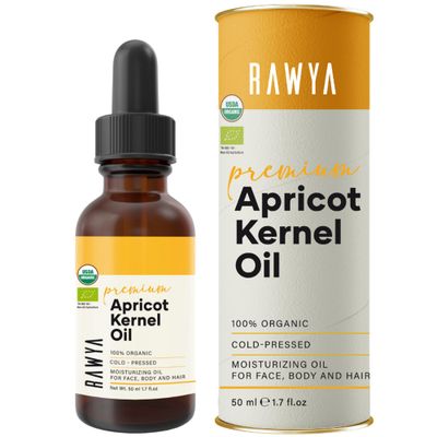 Rawya Organic Apricot Kernel Oil - Cold-Pressed Moisturizing Oil for Face, Body &amp; Hair, Non-GMO, Vegan, Kosher, Ideal for Skincare &amp; Aromatherapy, Carrier for Essential Oils, Glass Bottle - 50ml