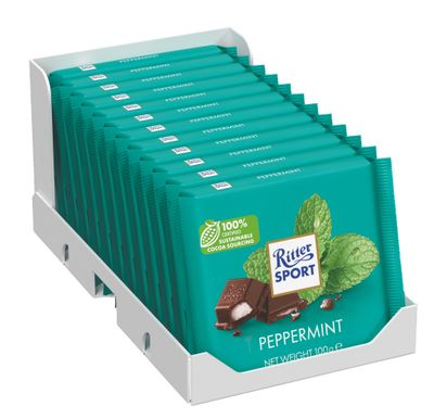 Ritter Sport Peppermint Dark Chocolate Bar, 100g, Case of 12, Chocolate Sharing Bar