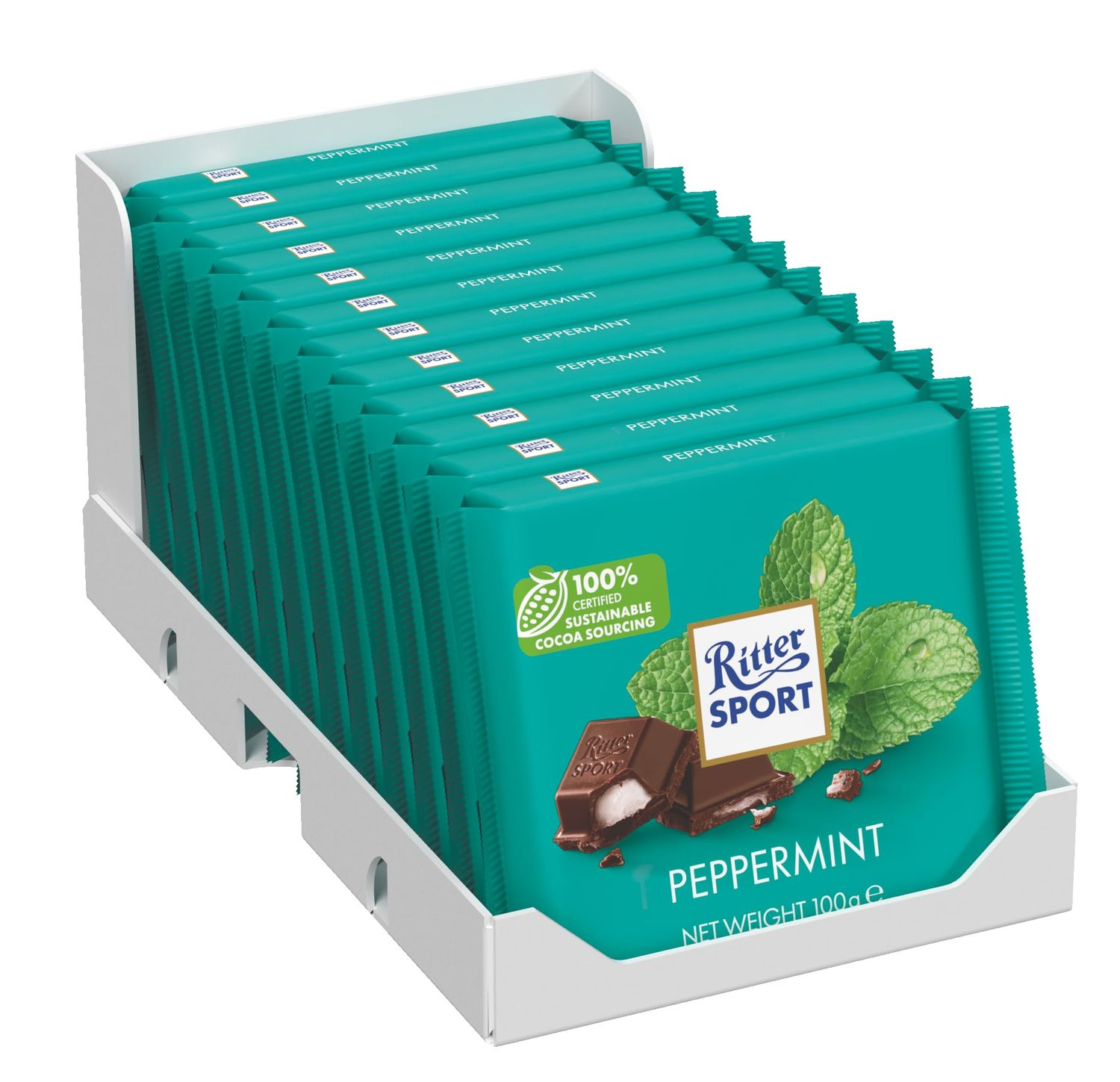 Ritter Sport Peppermint Dark Chocolate Bar, 100g, Case of 12, Chocolate Sharing Bar