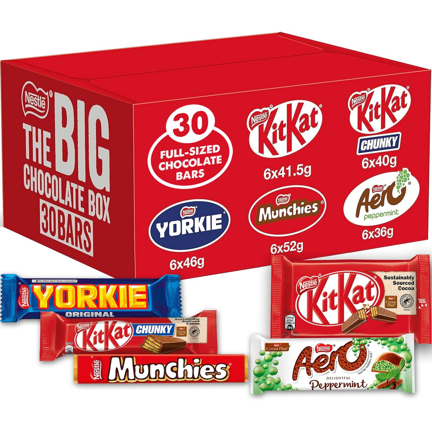 Nestlé The Big Chocolate Box, 30 x Chocolate Bars - KitKat, KitKat Chunky, Yorkie, Aero, Munchies - Sharing Gift, 1.3kg