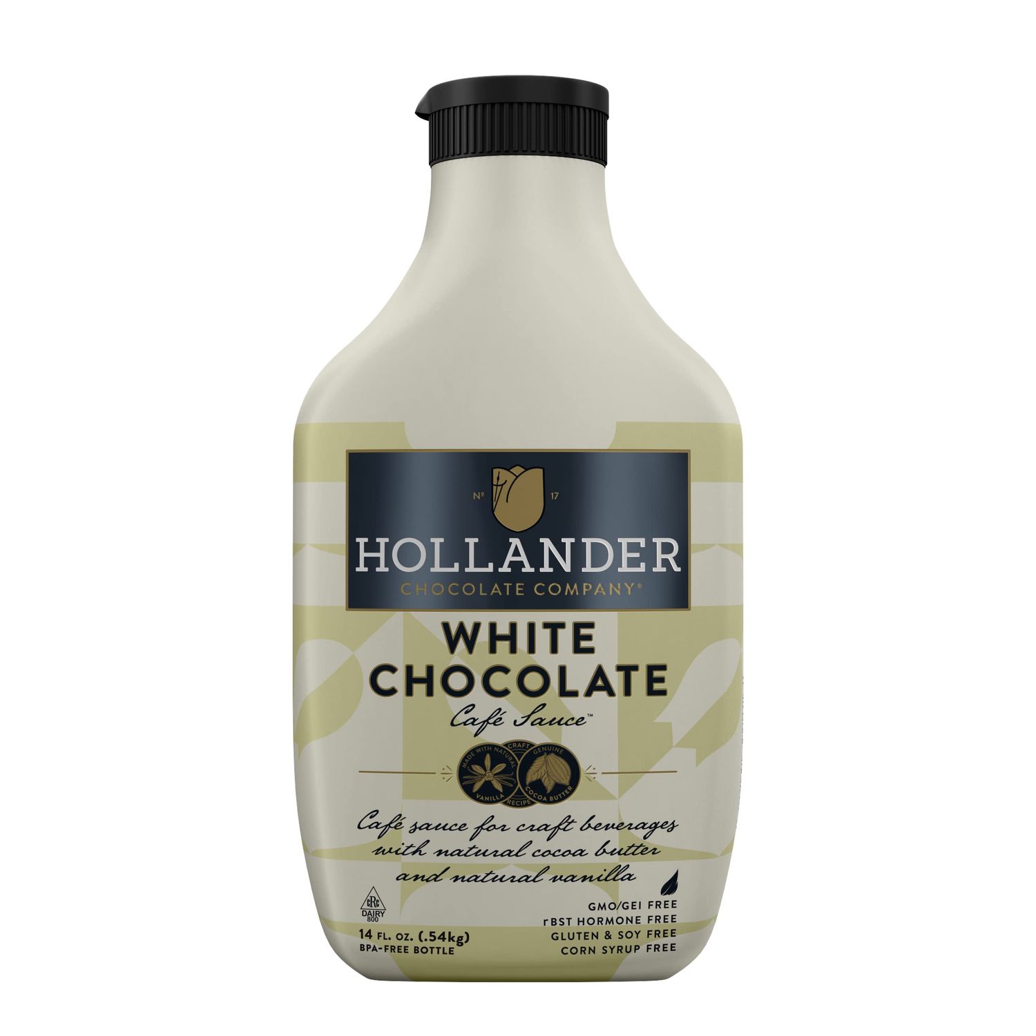 White Chocolate Café Sauce by Hollander Chocolate Co. Gourmet White Chocolate Sauce with Real Cocoa Butter for Professional or Home Baristas 14 fl. Oz. Squeeze Bottle with Flip Cap
