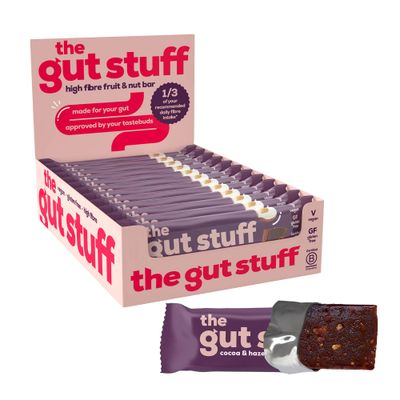 The Gut Stuff High Fibre Fruit &amp; Nut Bars - Gut Friendly Snack, Gluten Free, Vegan, Low Calorie, All Natural - Cocoa &amp; Hazelnut, 12 x 35g Box