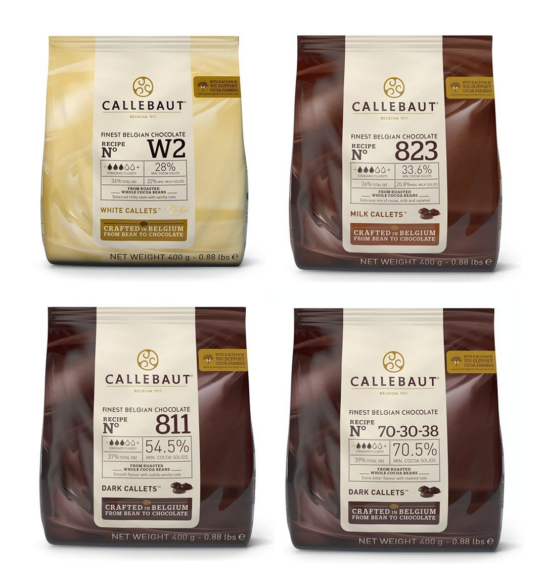 Callebaut 4 x 400g Bundle - Finest Belgian Dark, Milk &amp; White Chocolate Couverture (Callets)