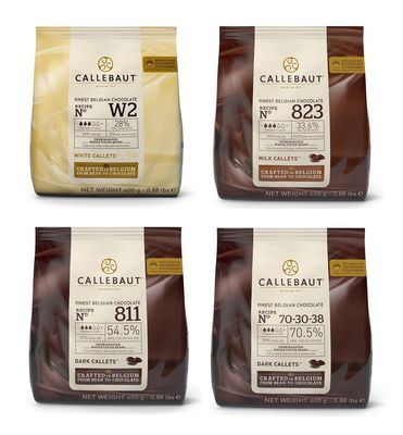 Callebaut 4 x 400g Bundle - Finest Belgian Dark, Milk &amp; White Chocolate Couverture (Callets)