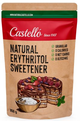 Castello since 1907 Natural Erythritol Sweetener - Granulated 10g = 7g of sugar Sugar Substitute - Keto and Paleo - 0 Glycemic - 0 Calories - 0 Net Carbs - Made by corn 100% Non-GMO - 850 g