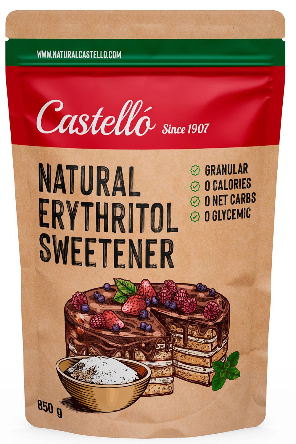 Castello since 1907 Natural Erythritol Sweetener - Granulated 10g = 7g of sugar Sugar Substitute - Keto and Paleo - 0 Glycemic - 0 Calories - 0 Net Carbs - Made by corn 100% Non-GMO - 850 g