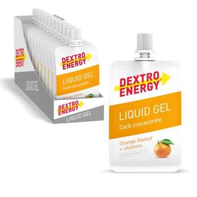 Dextro Energy Orange Energy Gel NON-Sticky Fast Acting Drinkable Liquid Energy a Quick Burst of Glucose with Vitamins 28g of Carbohydrates For Running or Cycling Vegan I Pack of 12