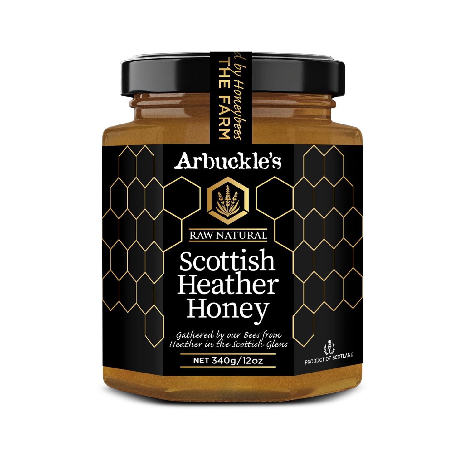 Arbuckle's Raw Scottish Heather Honey - Natural Unprocessed - Pure British Bee Honey, Unfiltered &amp; Unpasteurized Luxury - Sugar Free - from the Scottish Glens (12oz (340g))
