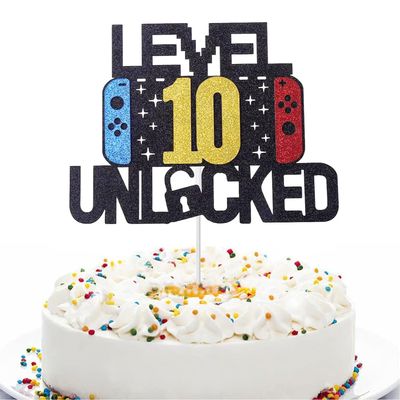 10th Birthday Cake Toppers, 10 Cake Topper Happy Birthday Cupcake Topper with Eating Paper Stick Themed Cake Insert Sign 6.1inches Cake Decoration for Birthday Party Cake Supplies 10 Years Old