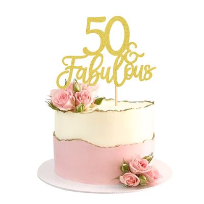 Blumomon 3 Pack 50 &amp; Fabulous Cake Topper Gold Glitter Cheers to Happy 50th Birthday Cake Toppers Fifty and Fabulous Cake Pick Decorations for 50th Wedding Anniversary Birthday Party Supplies