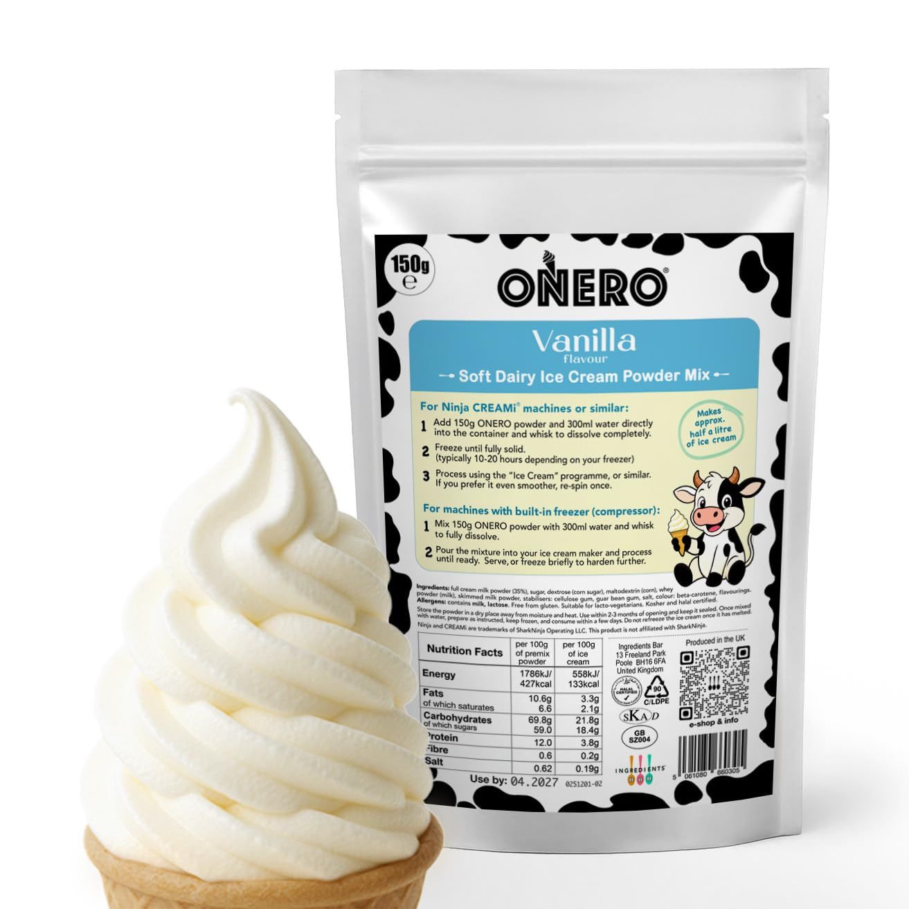 ONERO Soft-Serve Vanilla 150g Premium Dairy Ice Cream Powder Mix Home Edition for Ninja CREAMi &amp; Domestic Machines Just Add Water No Preservatives, No Emulsifiers, Slow Melting UK Product