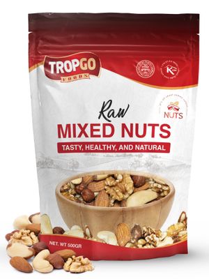 Tropgo Raw Mixed Nuts - 500g Nut Snacks - Packed Fresh, Healthy Jumbo Nuts with Fibre, Protein, and Minerals - Perfect Snacking - Includes Almonds, Brazil Nuts, Cashews, Peanuts, Walnuts &amp; Hazelnuts
