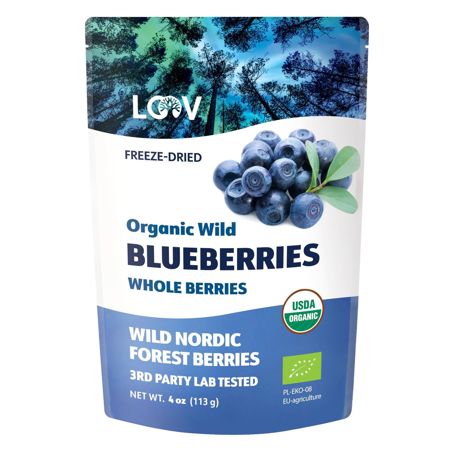 LOOV Organic Freeze Dried Blueberries, Wild Blueberries From Nordic Forests, 100% Unsweetened Whole Fruit, Non-GMO, No Added Sugar, 113 Grams