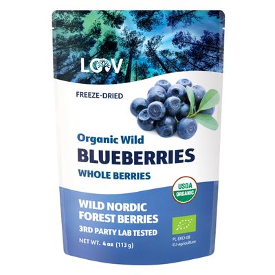 LOOV Organic Freeze Dried Blueberries, Wild Blueberries From Nordic Forests, 100% Unsweetened Whole Fruit, Non-GMO, No Added Sugar, 113 Grams