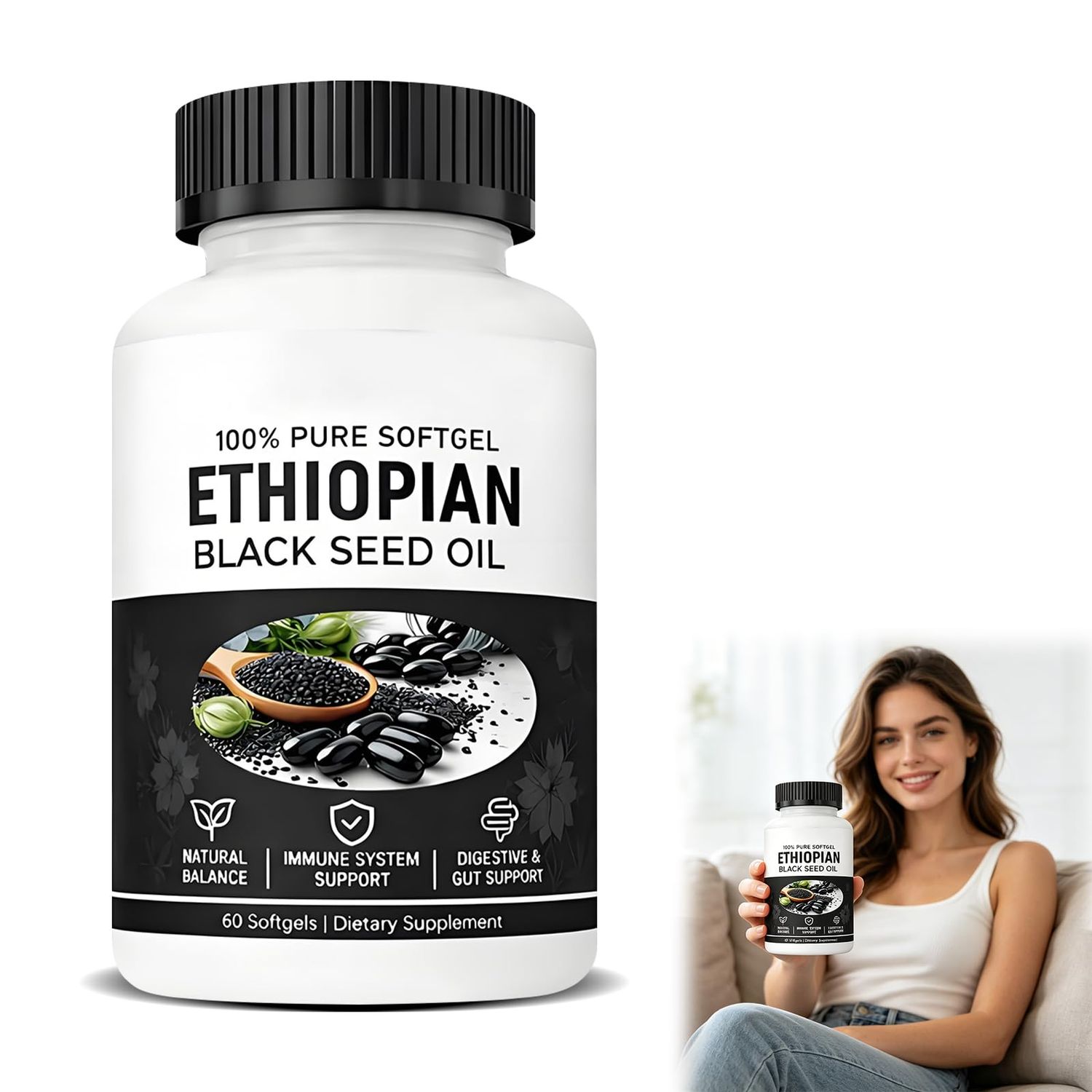 2026 Purely Ethiopian Black Seed Oil Capsules, High Strength Cold Pressed Black Seed Oil, Purely Ethiopian Black Seed Oils, Natural Ingredients, Suitable for All Skin Types(1 Bottle)