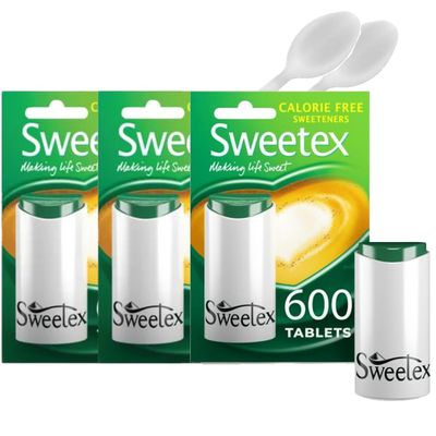 Sweetex Zero Calorie Sucralose Sweetener Tablets 600 Count (3 Pack) - Sugar Free Dispenser - Perfect Sweeteners for Tea, Coffee &amp; Hot Drinks - Includes Reusable Spoons