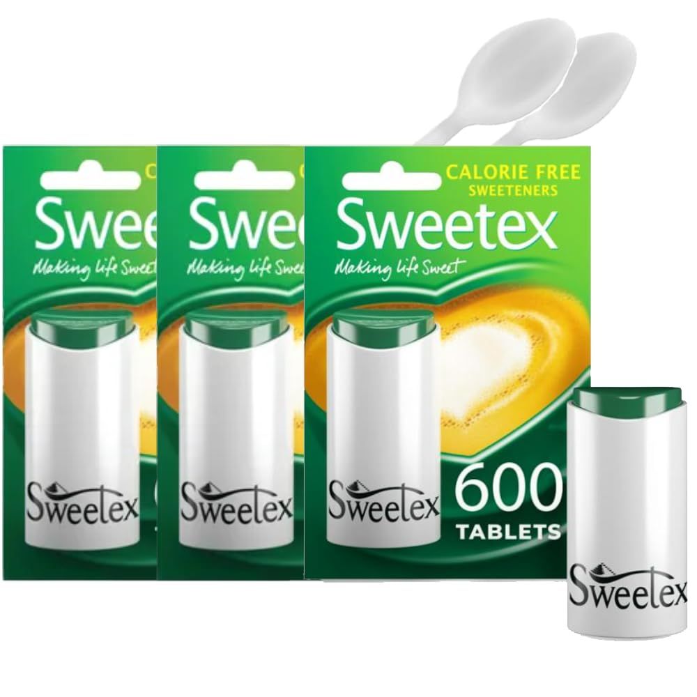Sweetex Zero Calorie Sucralose Sweetener Tablets 600 Count (3 Pack) - Sugar Free Dispenser - Perfect Sweeteners for Tea, Coffee &amp; Hot Drinks - Includes Reusable Spoons