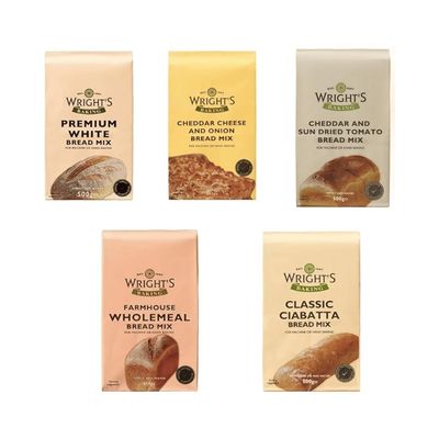 Wright's selection Bread Mix pack 5X500g Premium White Cheddar Cheese &amp; Sundried Tomato cheddar and onion Wholemeal Ciabatta (NP)