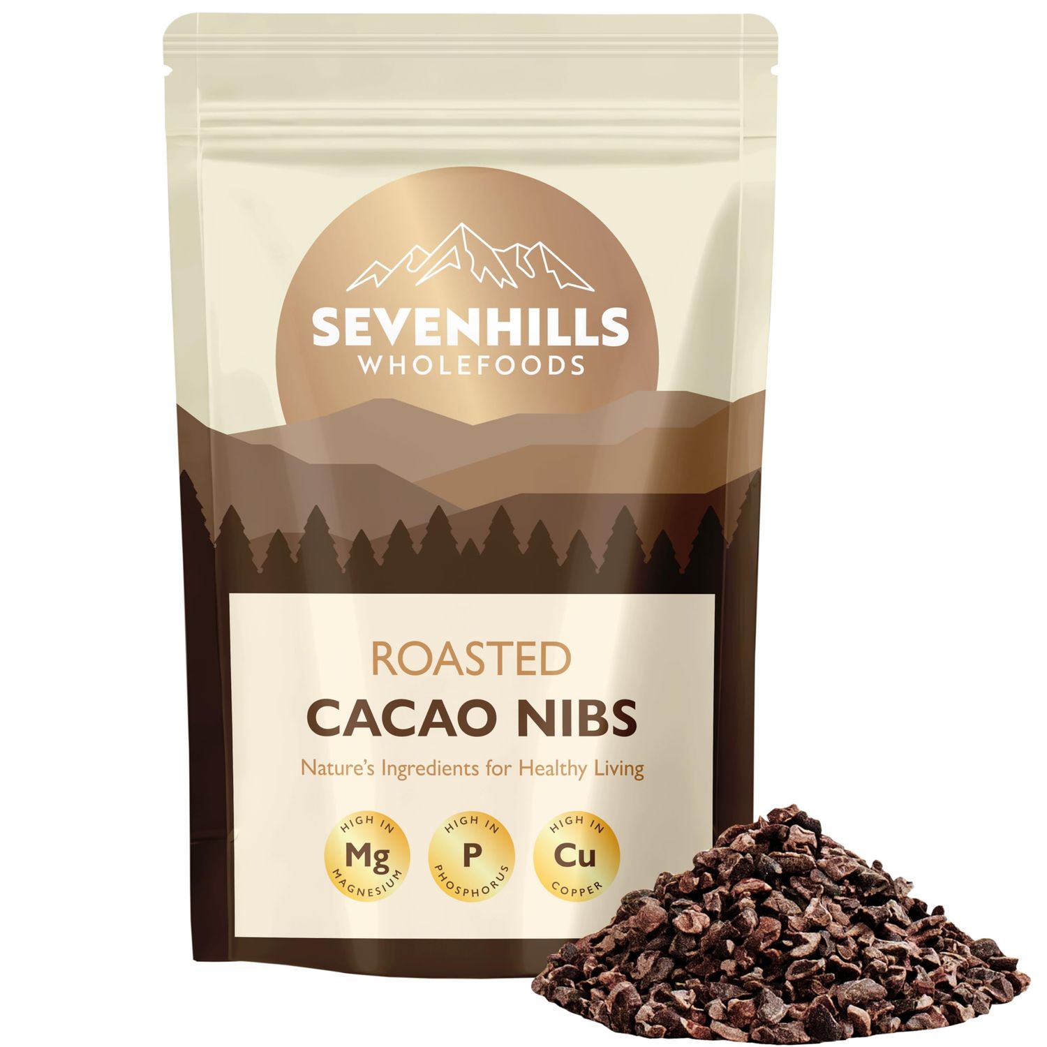 Sevenhills Wholefoods Roasted Cacao Nibs 200g, ideal for granola, overnight oats, baking and snacking
