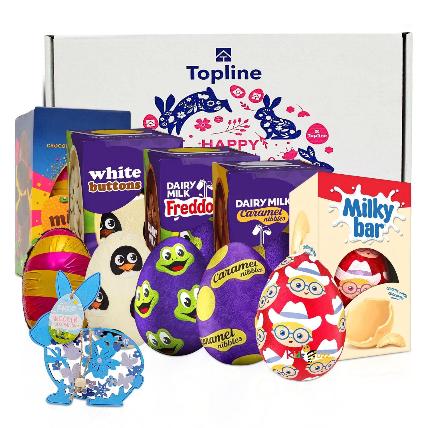 Easter Eggs Hamper for Easter Gifts (Pack of 5) - Including Caramel Nibbles, Mini Eggs, Freddo, Orange &amp; White Chocolate &amp; Topline Easter Decoration. Chocolate Bulk for Easter Egg Hunt