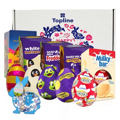 Easter Eggs Hamper for Easter Gifts (Pack of 5) - Including Caramel Nibbles, Mini Eggs, Freddo, Orange &amp; White Chocolate &amp; Topline Easter Decoration. Chocolate Bulk for Easter Egg Hunt