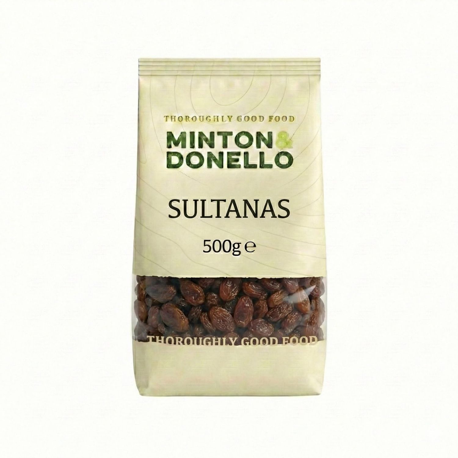 Minton &amp; Donello Sultanas 500g Pack - Natural Sweet Dried Fruit, Baking, Cooking, Snacking, Cereals, Salads &amp; Puddings, Plump Juicy Rich Fruity Flavour, Source of Fibre, Pantry Staple Ingredient