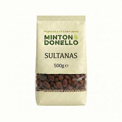 Minton & Donello Sultanas 500g Pack - Natural Sweet Dried Fruit, Baking, Cooking, Snacking, Cereals, Salads & Puddings, Plump Juicy Rich Fruity Flavour, Source of Fibre, Pantry Staple Ingredient