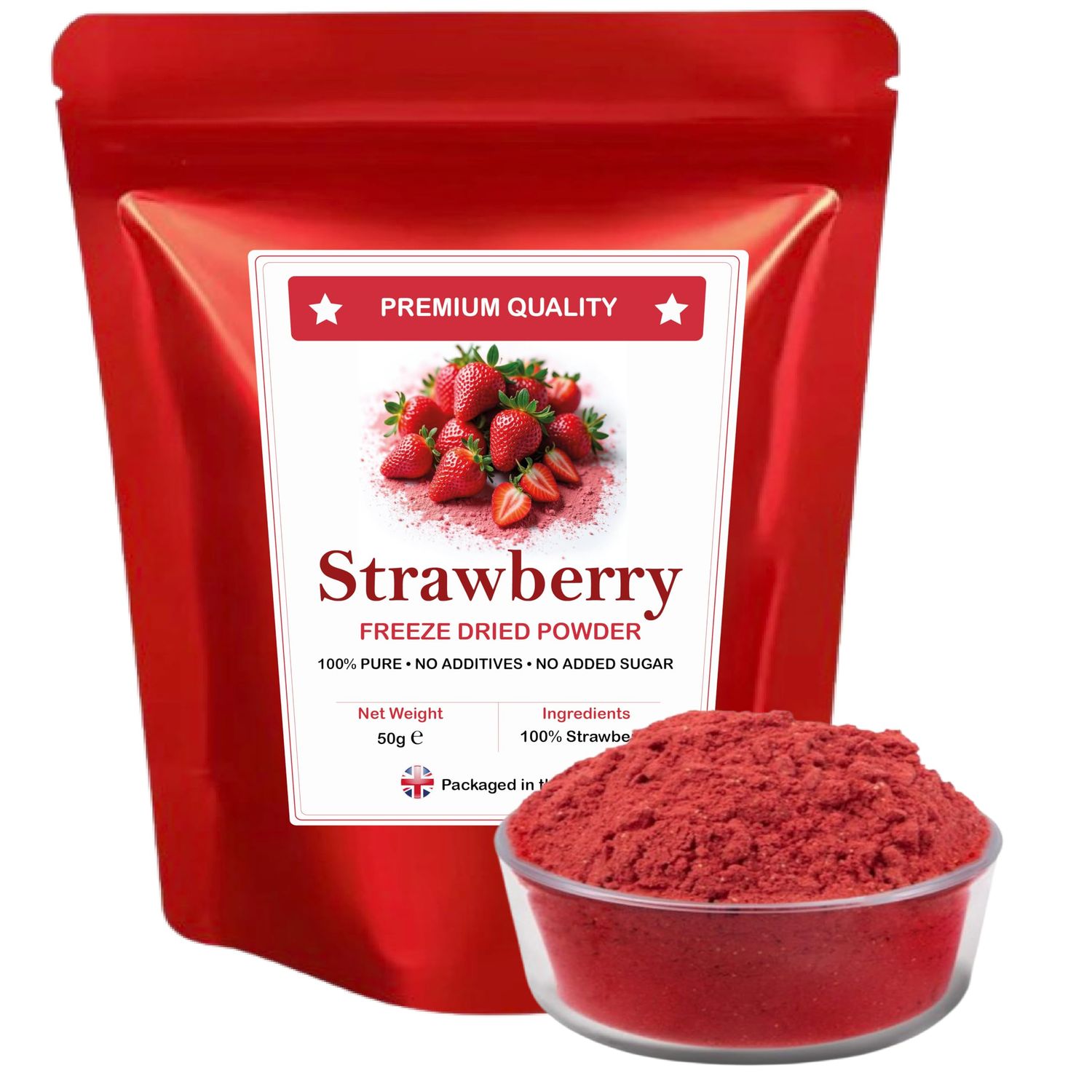 Freeze Dried Strawberry Powder 100% Pure Freeze Dried Strawberries 50g is 50 servings Foil Fresh Resealable Pouch Freeze Dried Fruit Ideal for cakes Icing Birthday Decorations