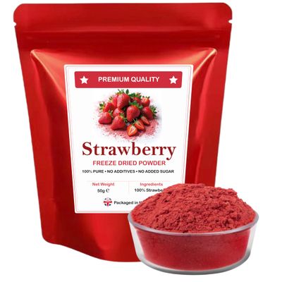 Freeze Dried Strawberry Powder 100% Pure Freeze Dried Strawberries 50g is 50 servings Foil Fresh Resealable Pouch Freeze Dried Fruit Ideal for cakes Icing Birthday Decorations