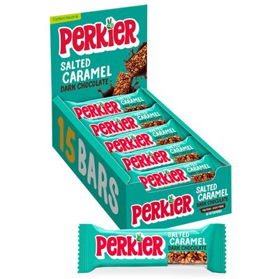 Perkier Salted Caramel &amp; Dark Chocolate, 15 High Fibre Bars, 6 Flavours, Vegan, Gluten Free, Protein, Lower Sugar, Office Snacks, High Fibre Snack, Natural, Lower Calorie, Healthy Nut Bar