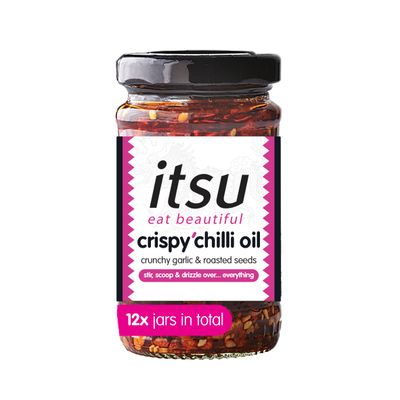 itsu Crispy Chilli Oil 100g Crunchy garlic &amp; roasted seeds medium chilli kick Pack of 12 Jars