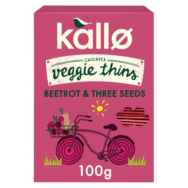 Kallo Beetroot &amp; Three Seeds Veggie Thins Crackers Healthy Snacks High Fibre, Plant Protein, Gluten Free &amp; Baked 100g Single Pack