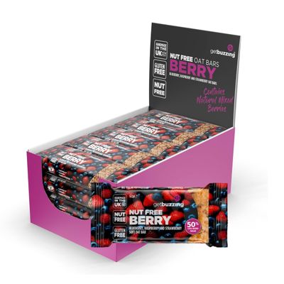 Getbuzzing Nut Free Oat Flapjack Bars with Nutrition Benefits - Gluten Free Healthy Endurance Snack with Natural Ingredients, High Fibre & School Safe - 20 x 62g Pack - Mixed Berry - Sports & Cycling