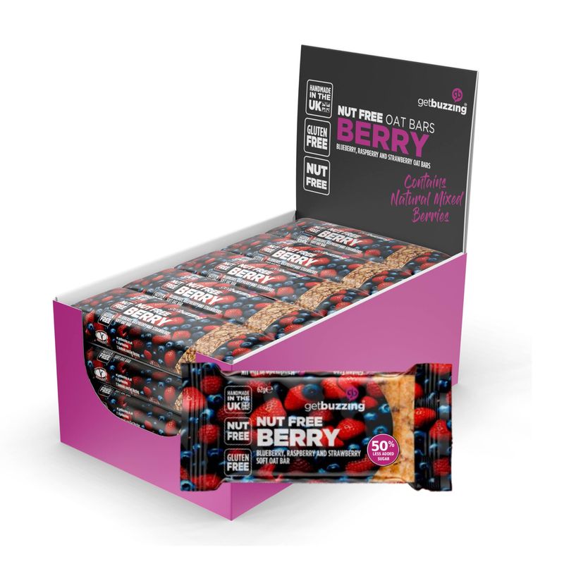 Getbuzzing Nut Free Oat Flapjack Bars with Nutrition Benefits - Gluten Free Healthy Endurance Snack with Natural Ingredients, High Fibre &amp; School Safe - 20 x 62g Pack - Mixed Berry - Sports &amp; Cycling
