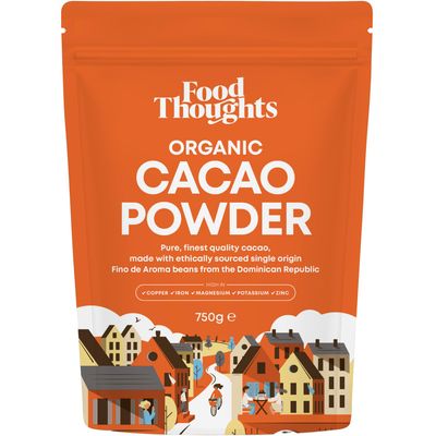 Food Thoughts 100% Organic Cacao Powder (750g) Natural, Non-Alkalised, Sugar Free &amp; Ethical Single Origin Soil Association Certified High in Iron, Magnesium, Potassium Vegan Gluten-Free