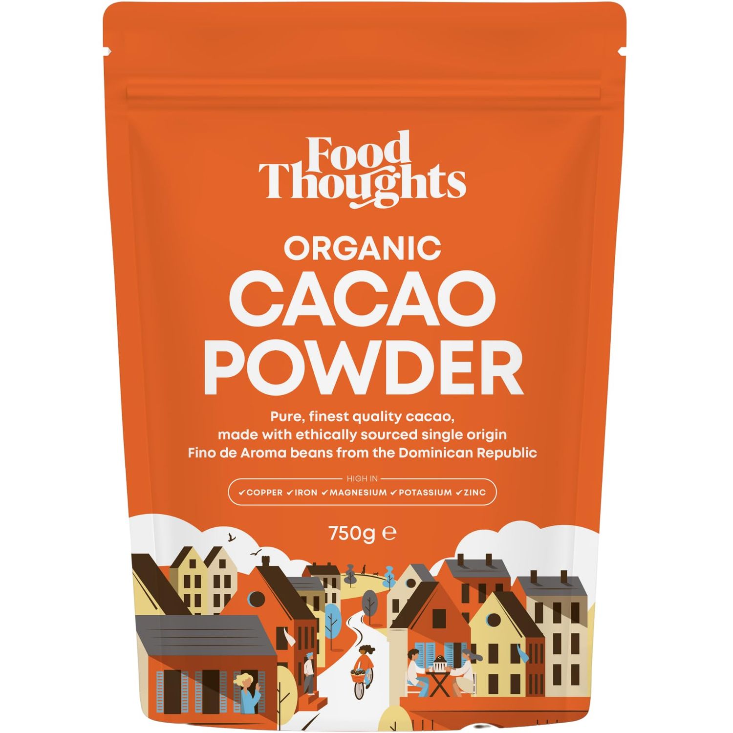 Food Thoughts 100% Organic Cacao Powder (750g) Natural, Non-Alkalised, Sugar Free &amp; Ethical Single Origin Soil Association Certified High in Iron, Magnesium, Potassium Vegan Gluten-Free