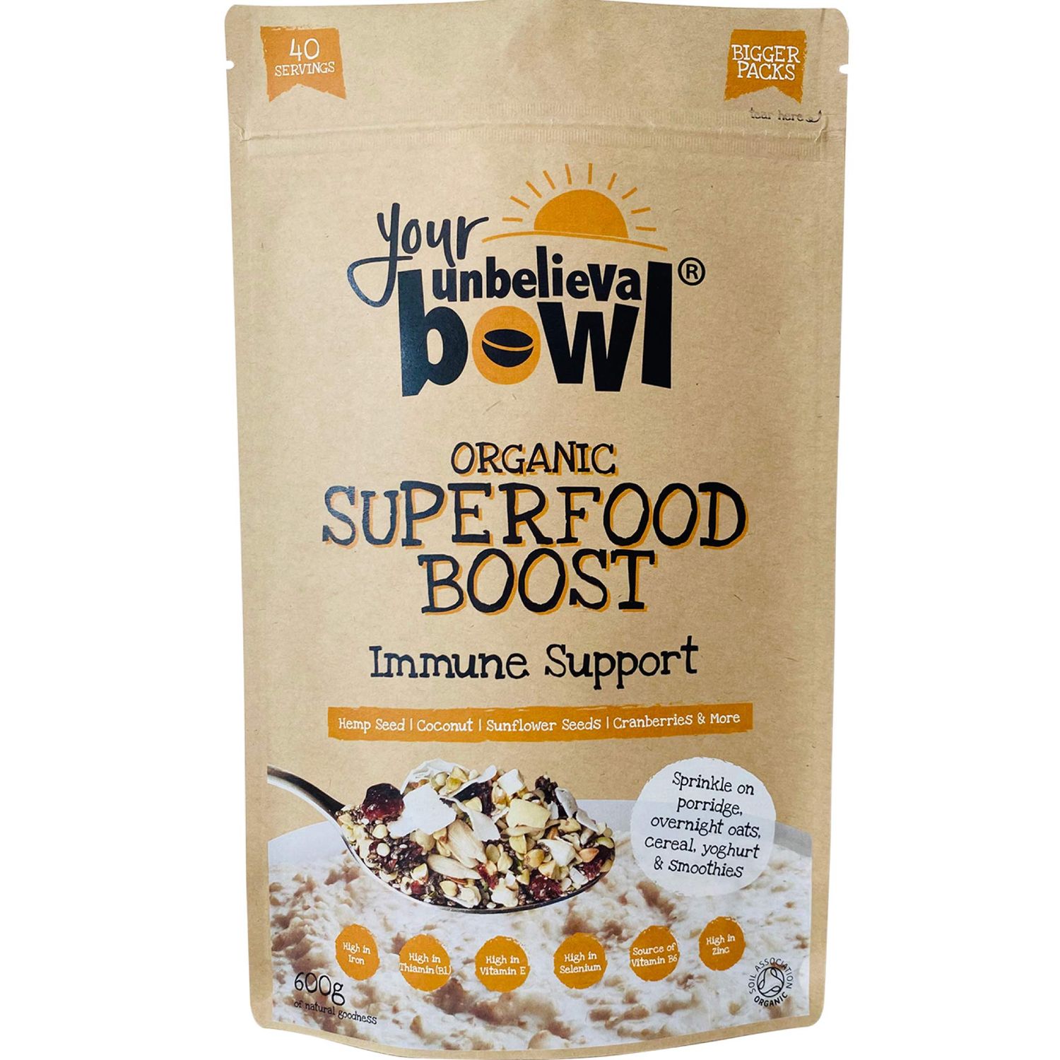Your UnbelievaBowl - Organic Superfood Boost (Immune Support) 600g, 40 Servings, 45p Per Serving, Gluten Free, Chia, Hemp &amp; Sunflower Seeds, Buckwheat, Coconut, Cranberries, Cashews, Cinnamon