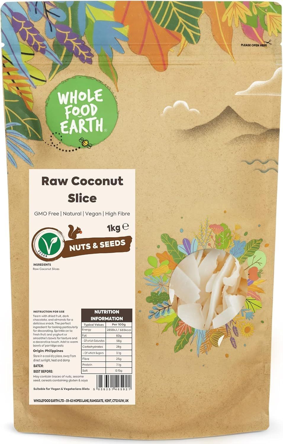 Wholefood Earth Raw Coconut Slice 1 kg GMO Free Natural High Fibre