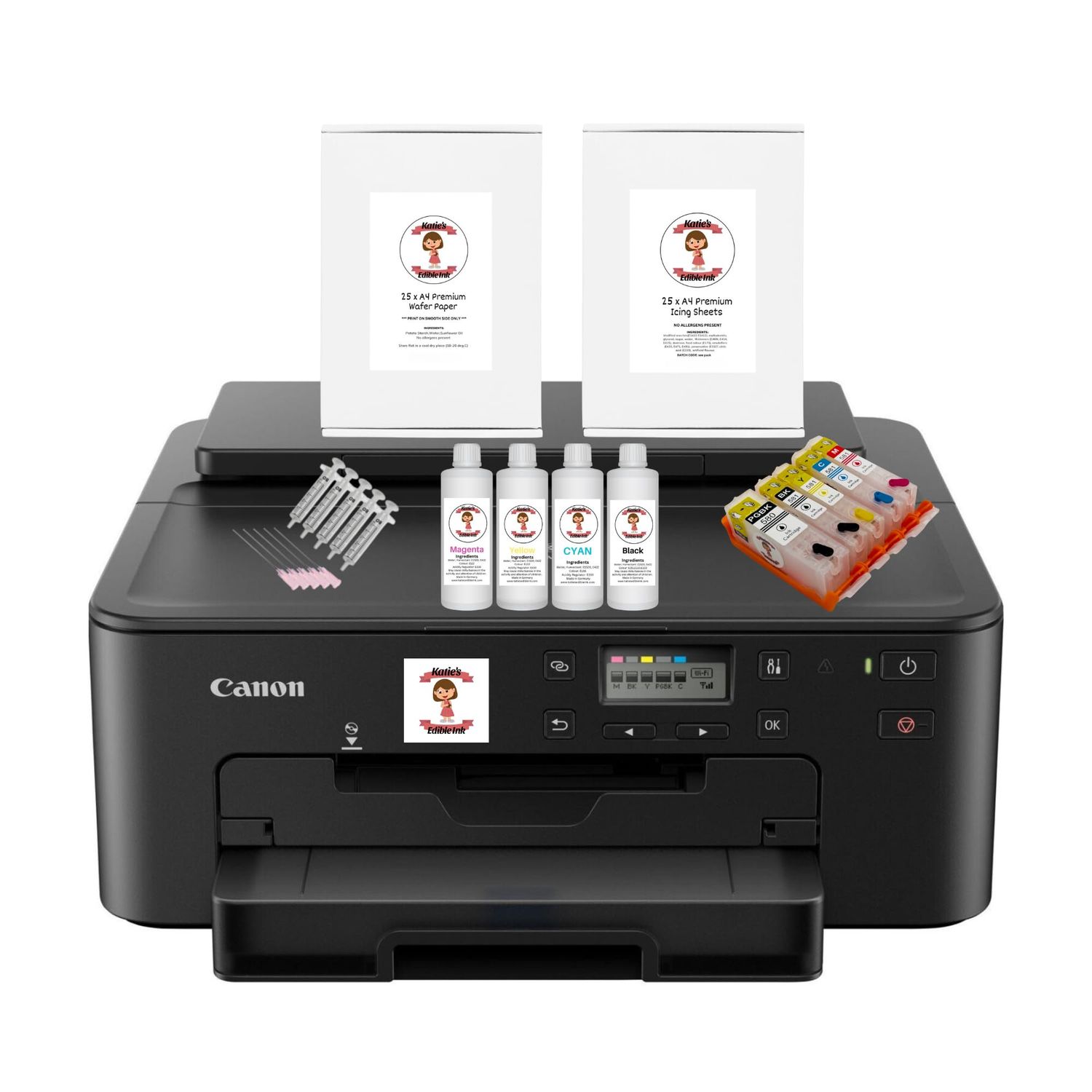 Newest Model Katie's Edible Ink Canon Printer- Canon TS705A WiFi Printer - Super Clear Print Quality - Edible Ink Cartridges Included - 25 Sheets Of Premium Icing Sheets &amp; Wafer Paper Included