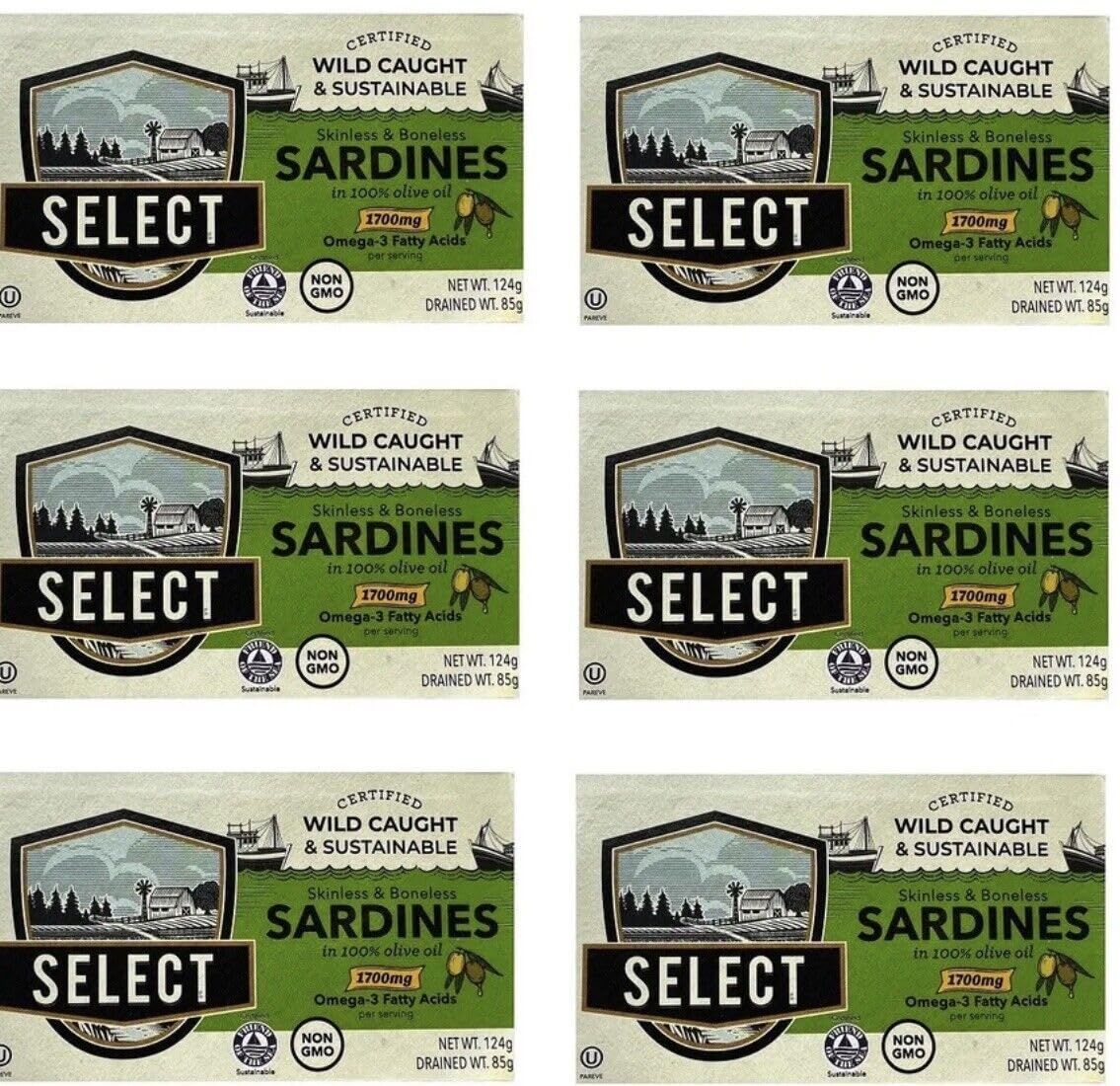 Select Sardines in Olive Oil Skinless Boneless Sustainably Harvest Pack 6 x 124g