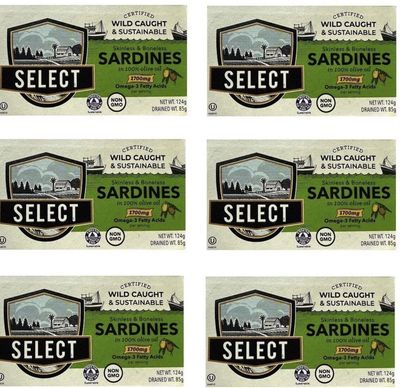 Select Sardines in Olive Oil Skinless Boneless Sustainably Harvest Pack 6 x 124g