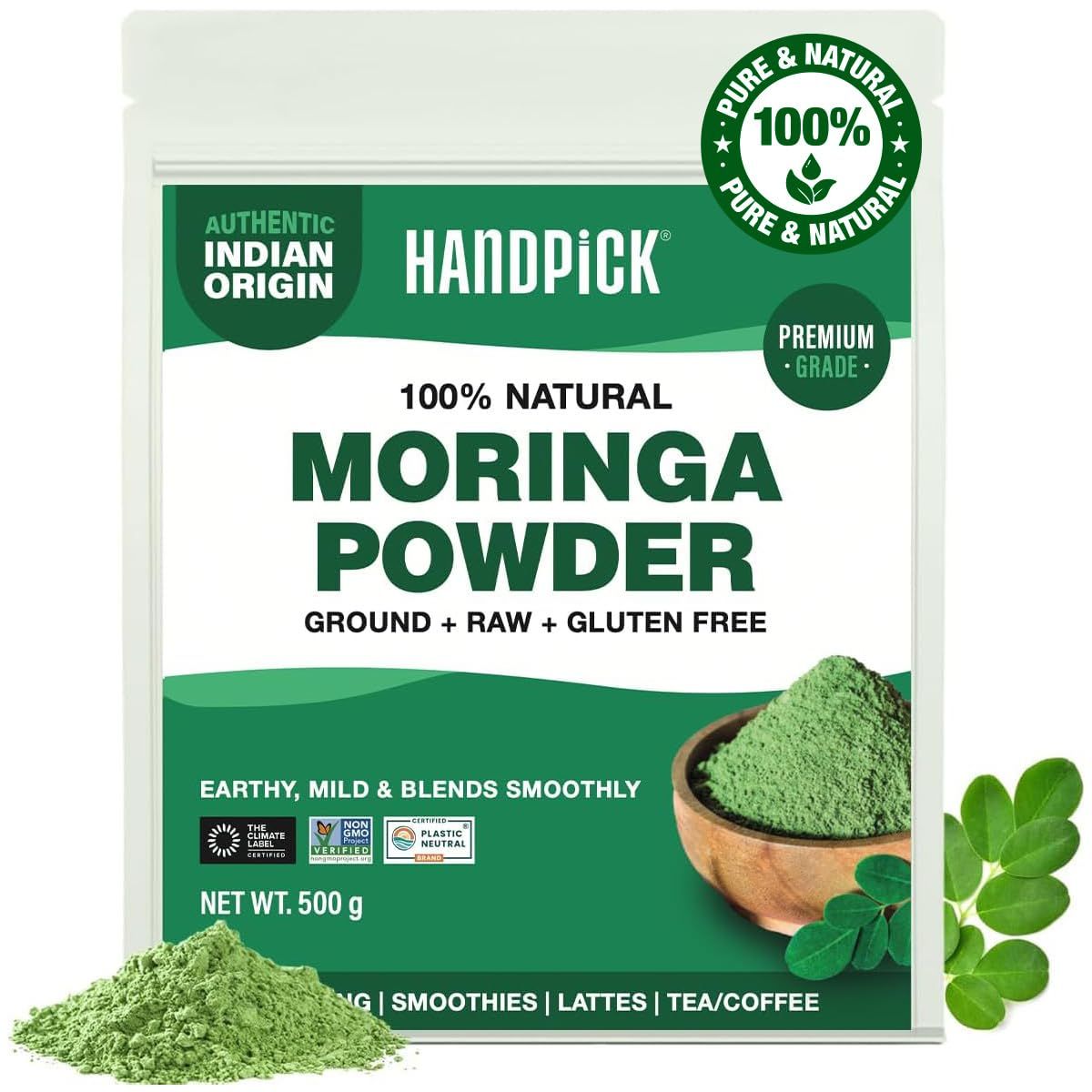 HANDPICK, Moringa Powder (500g/17.6oz) Pure Moringa Oleifera/Moringa Leaves Resealable Zip Lock Pouch Perfect for Cooking, Smoothies, Lattes &amp; Moringa Tea