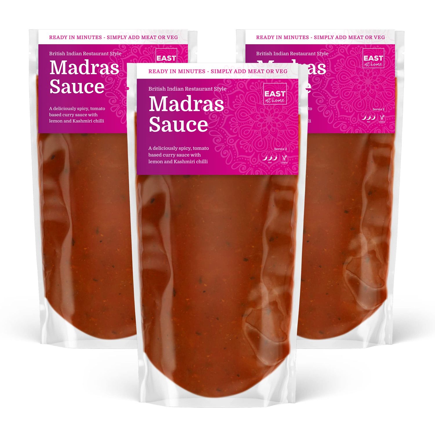 Madras Curry Sauce 3 x 350g Packs Ready to use British Indian Restaurant Style Madras Sauce Simply Heat &amp; Eat - Ready in Minutes East At Home