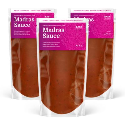 Madras Curry Sauce 3 x 350g Packs Ready to use British Indian Restaurant Style Madras Sauce Simply Heat &amp; Eat - Ready in Minutes East At Home