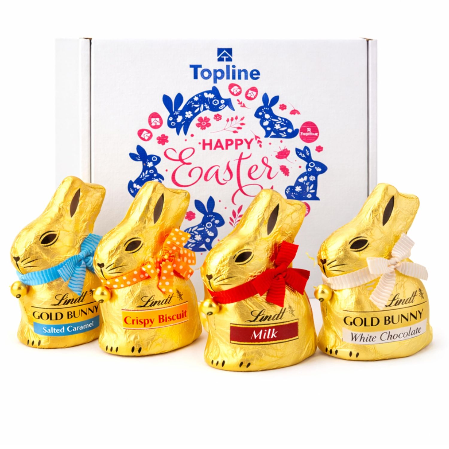 Lindt Chocolate Easter Bunnies Hamper Gift - Assortment of 4 x 100g Milk, White, Salted Caramel &amp; Crispy Biscuits Gold Bunnies Chocolate Gift for Kids Egg Hunt, Easter Gifts