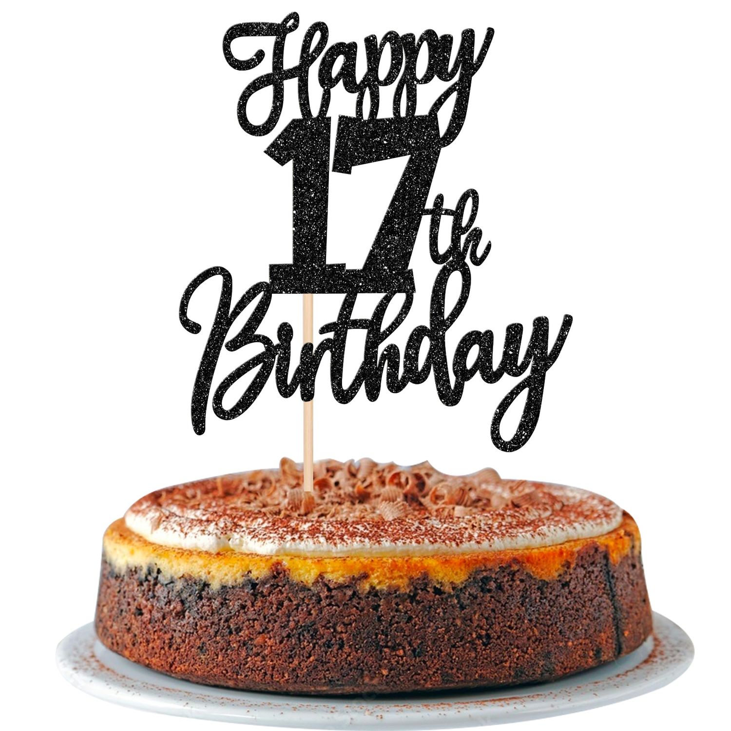 SYKYCTCY 1 Pack Happy 17th Birthday Cake Topper Black Glitter Cheers to 17 Years Birthday Cake Pick 17 Fabulous Cake Decoration for Happy Birthday Theme Anniversary Party Supplies