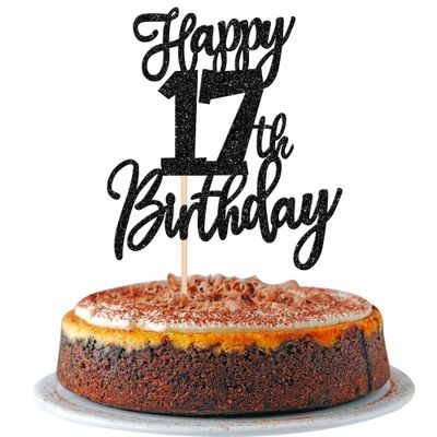 SYKYCTCY 1 Pack Happy 17th Birthday Cake Topper Black Glitter Cheers to 17 Years Birthday Cake Pick 17 Fabulous Cake Decoration for Happy Birthday Theme Anniversary Party Supplies